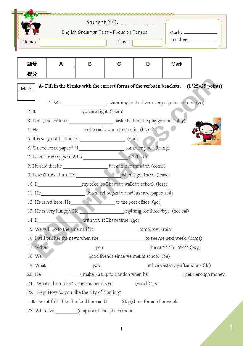 grammar test-mixed tenses worksheet