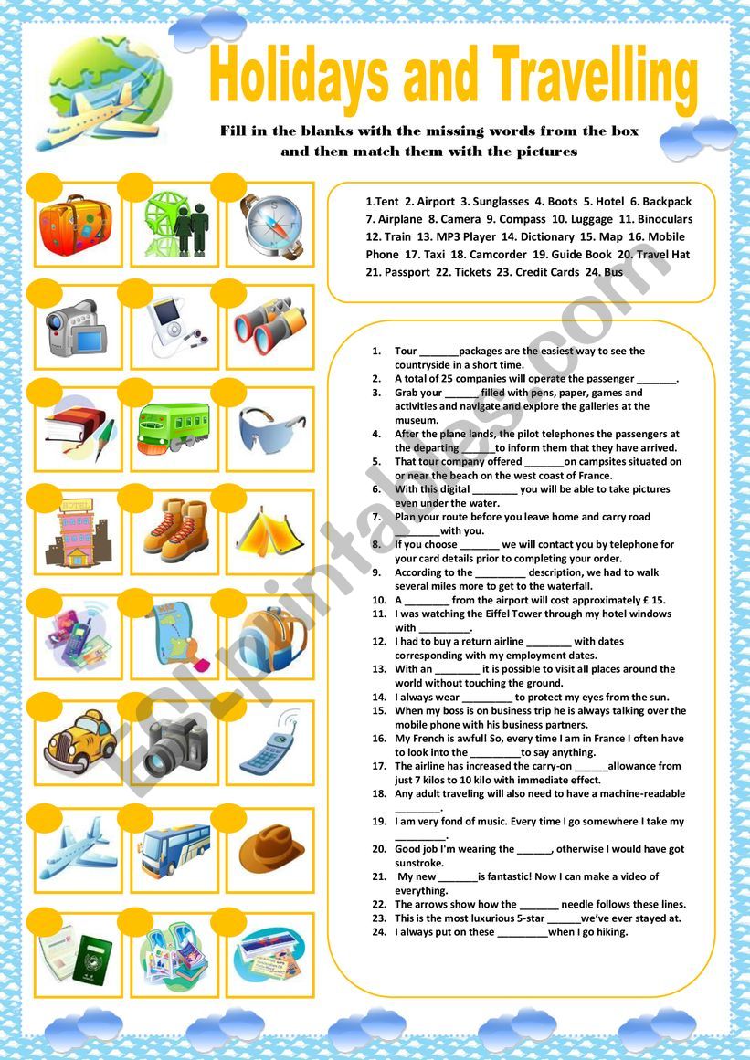 travel and holidays worksheets