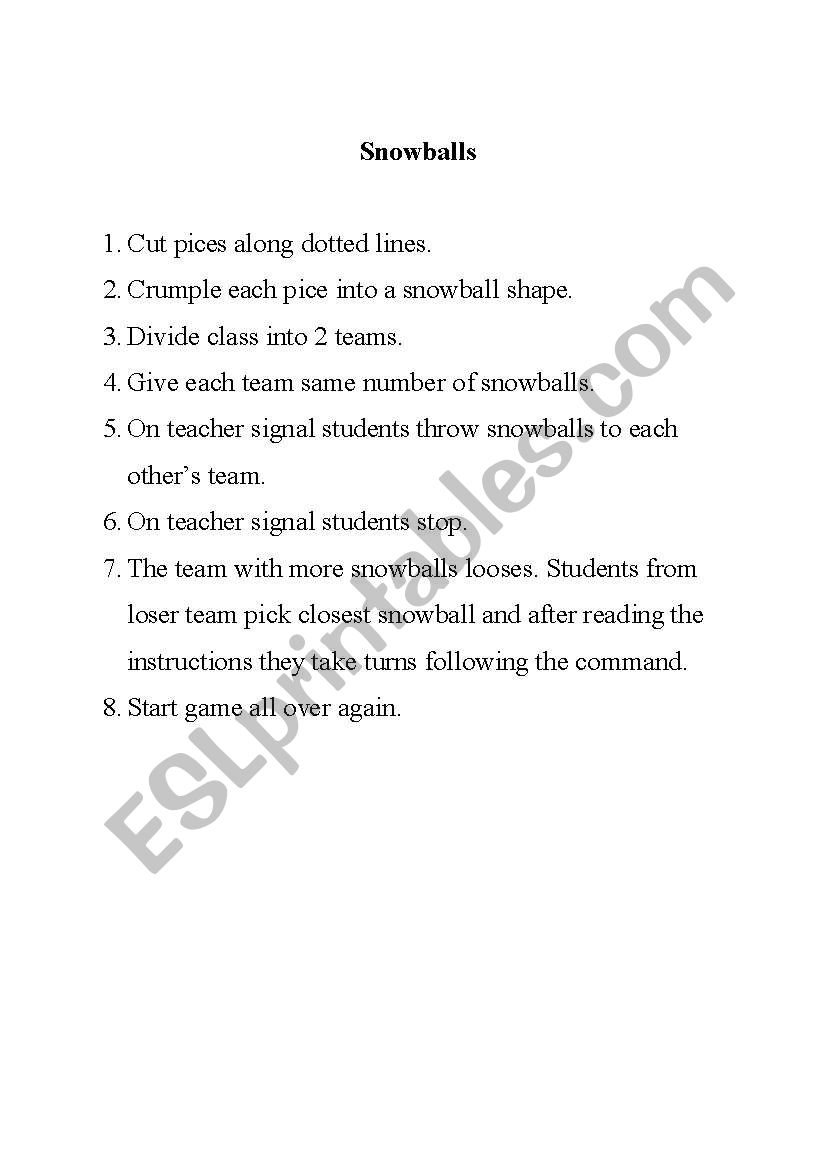 Snowballs Speaking Game worksheet