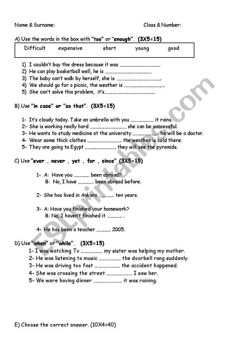 too, enough, when while... worksheet