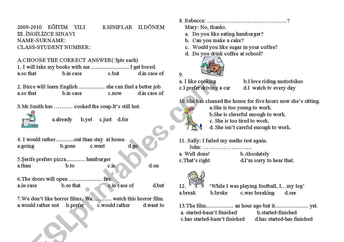 exam for 8th grade students worksheet