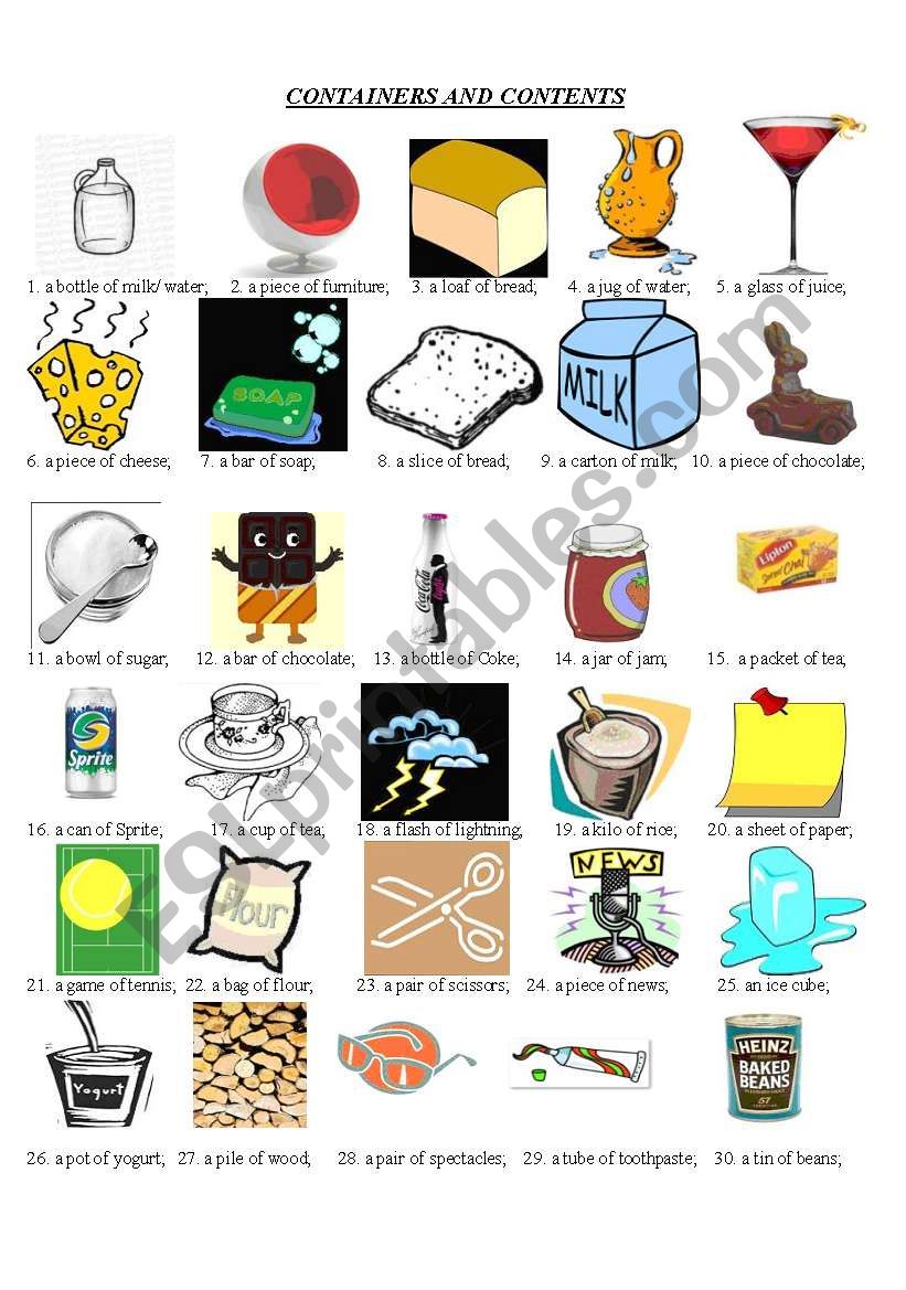 Containers and contents worksheet