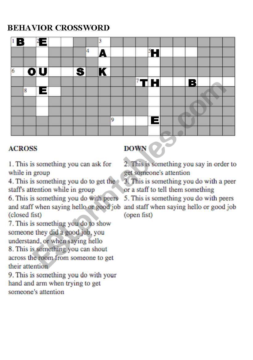 Behavior Crossword Puzzle worksheet