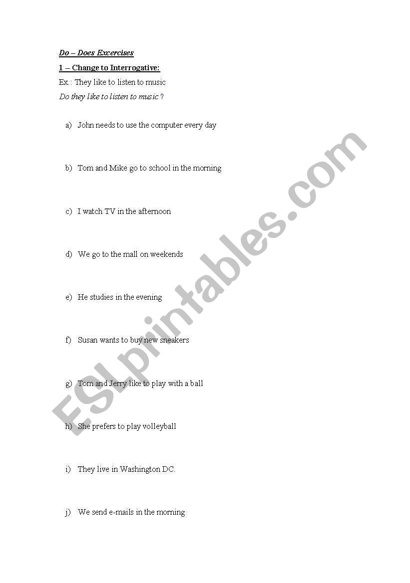 Do and Does Excercises worksheet