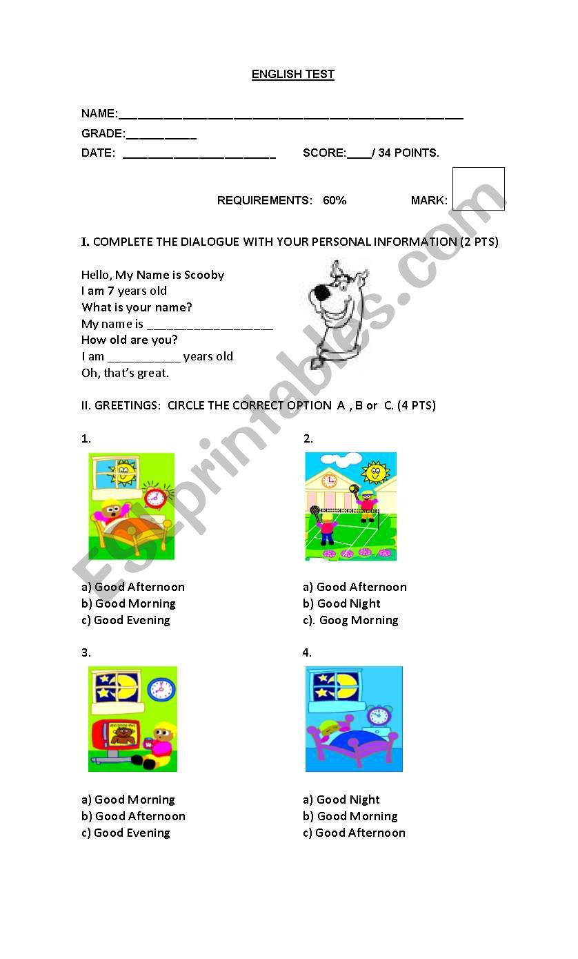 Englsh test 2nd grade worksheet