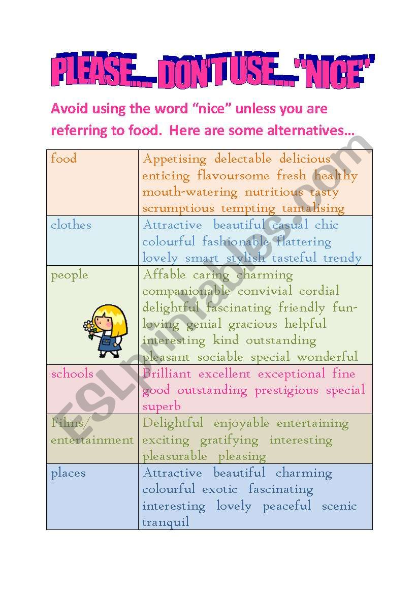 ALTERNATIVE WORDS FOR - NICE worksheet