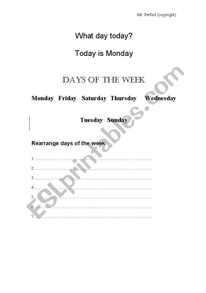 Days of the week  worksheet