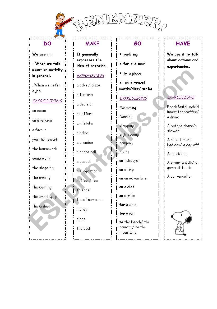 DO-MAKE-HAVE-GO COLLOCATIONS worksheet