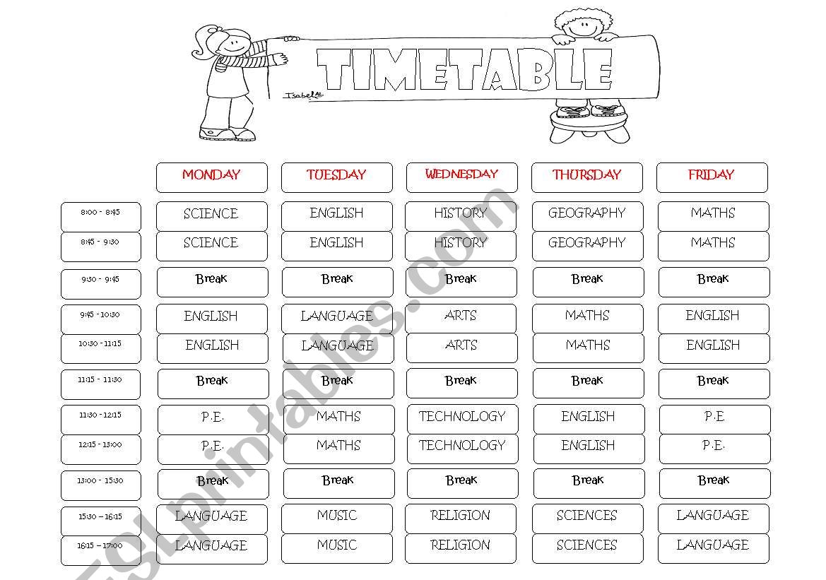 subjects and timetable worksheet