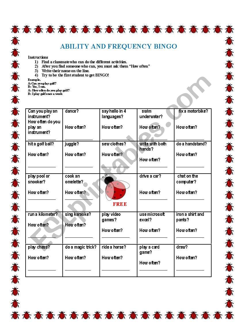 Ability and Frequency Bingo worksheet
