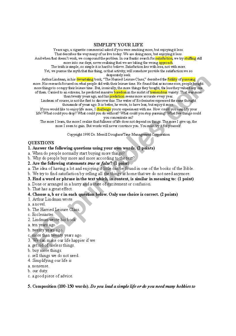 Reading and Comprehension worksheet