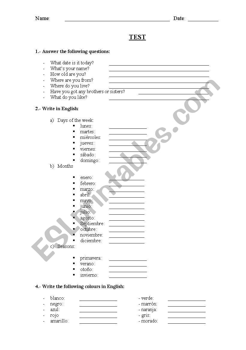 Placement Test for 6th graders of ESL