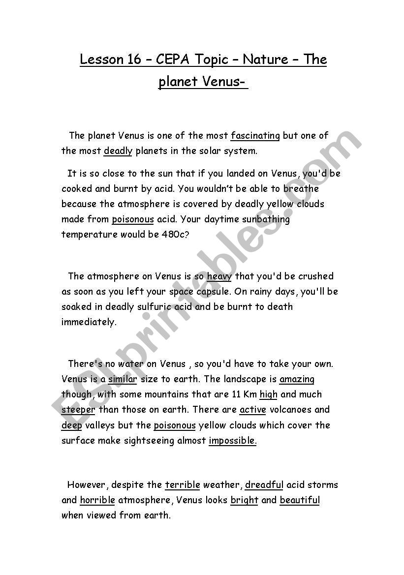 The planet  Venus passage worksheet