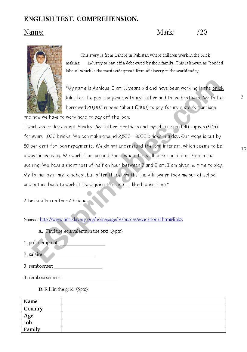 Child labour worksheet