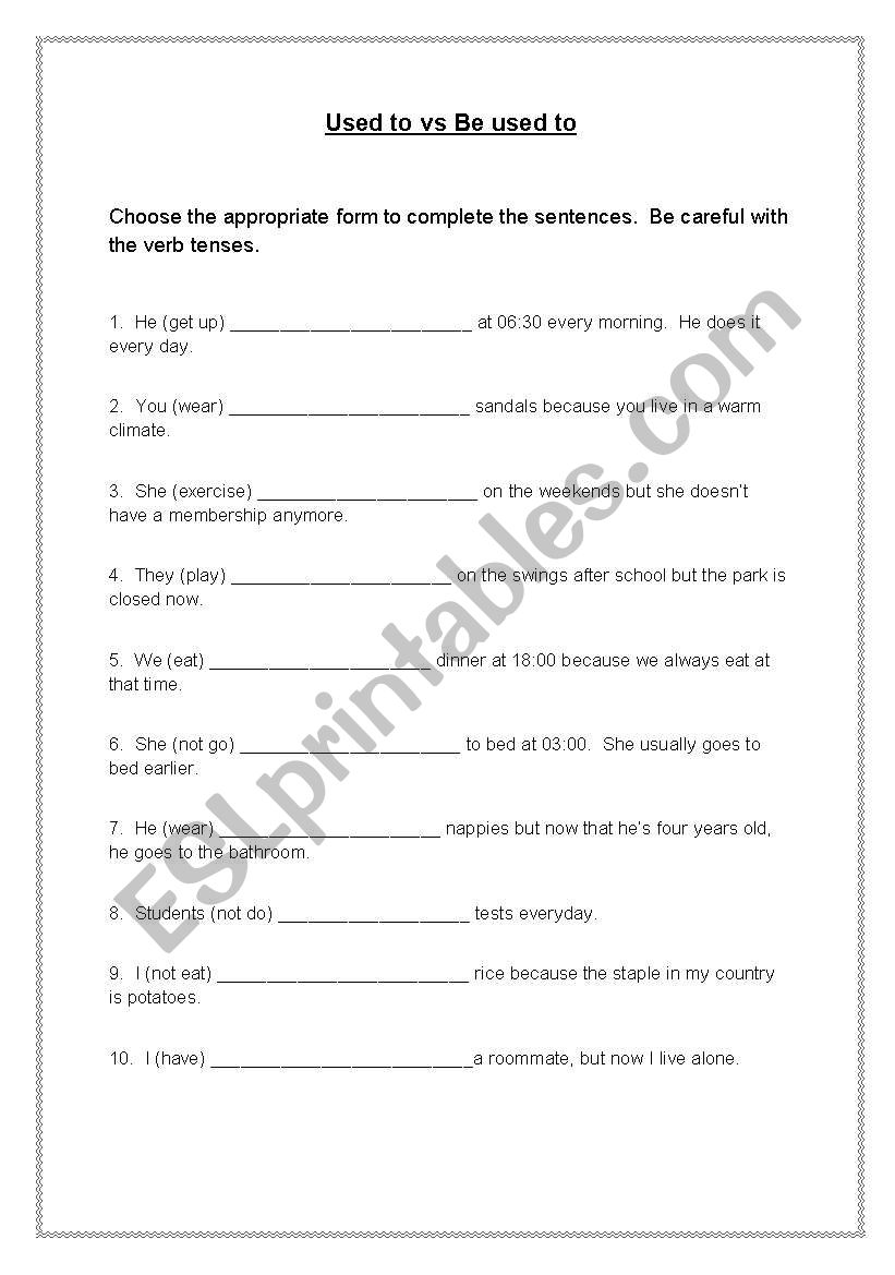 Used to vs Be Used To worksheet