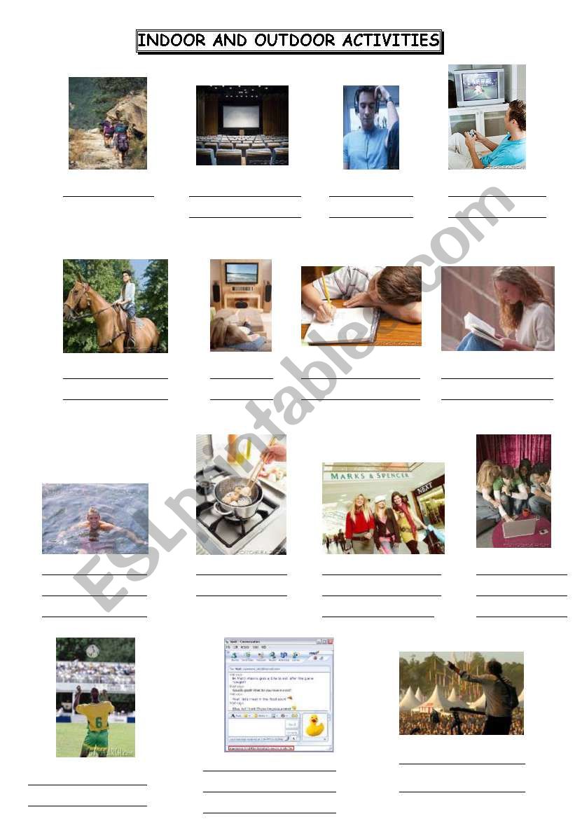 Indoor and outdoor activities worksheet