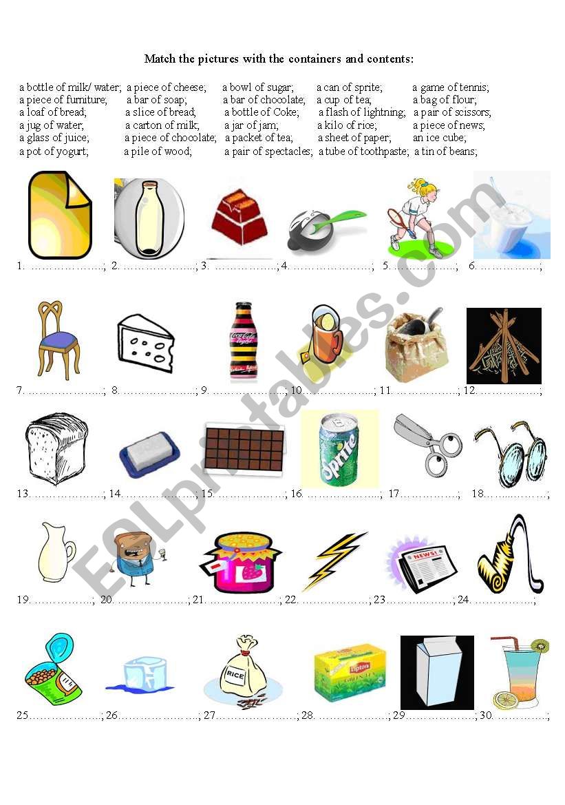 Containers and contents 2 worksheet