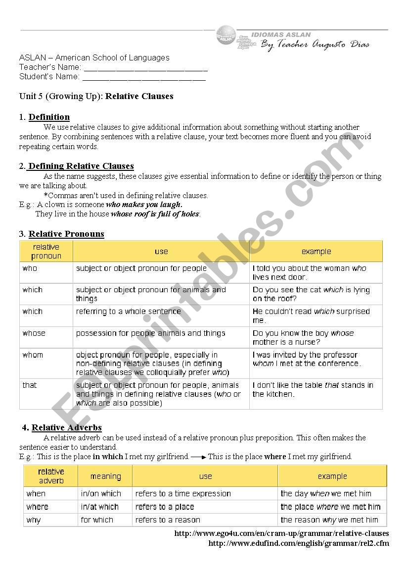 Defining Relative Clauses worksheet