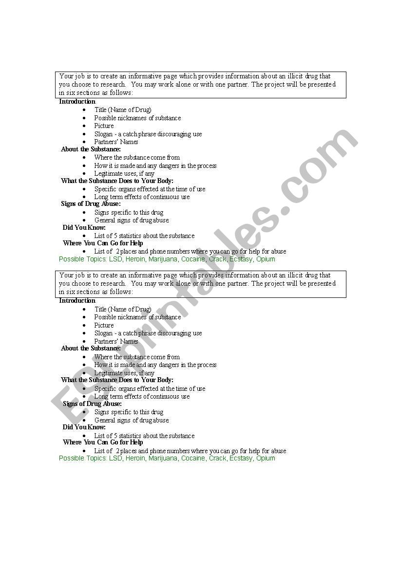 Drug Webquest worksheet