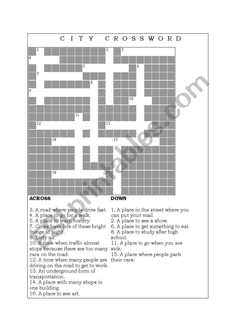 City Crossword worksheet