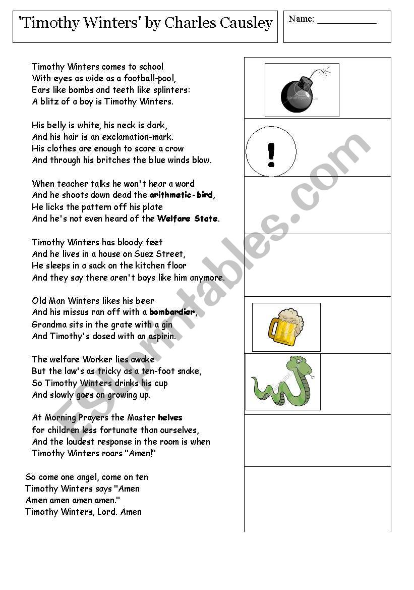 Poetry - Timothy Winters - ESL worksheet by leni25 For Elements Of Poetry Worksheet