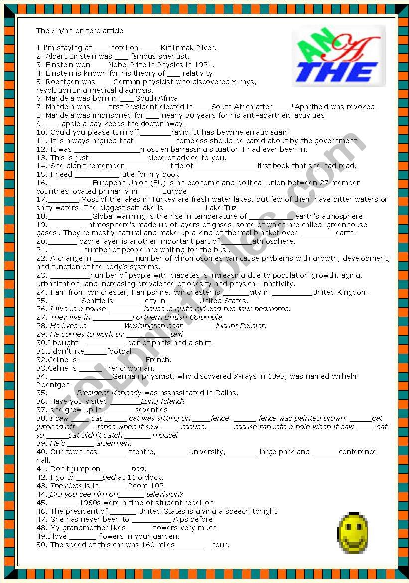 Definite and indefinite article quiz with key