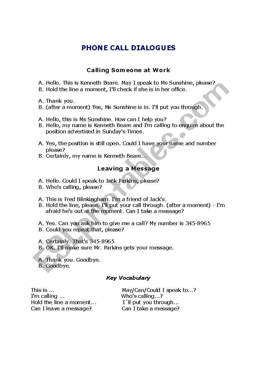 Phone call dialogues worksheet
