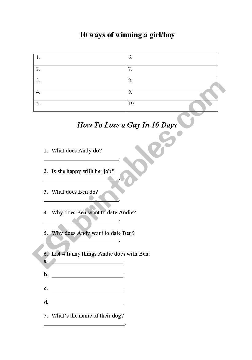 How To Lose a Guy in 10 Days - Printable Activity