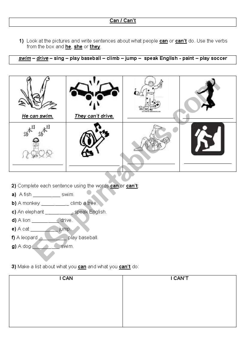Can and Cant Activities worksheet