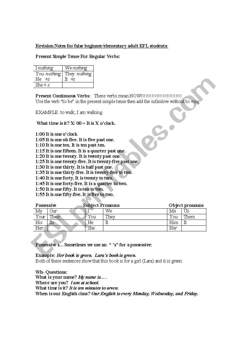 Revision notes:Class handout-  adult efl false beginner/elementary