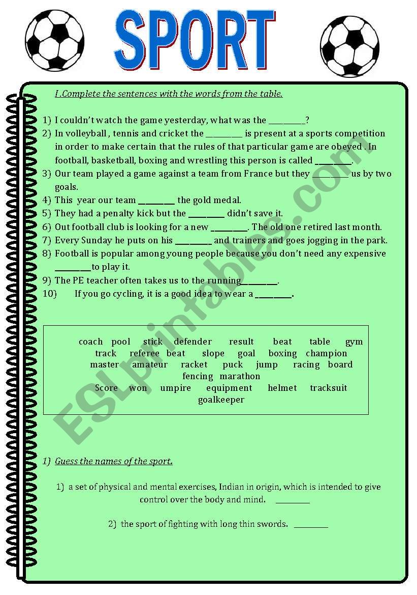 SPORT- vocabulary intermediate-upper-intermediate + KEY