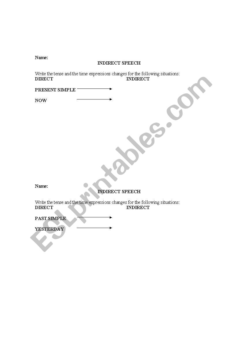 INDIRECT SPEECH worksheet