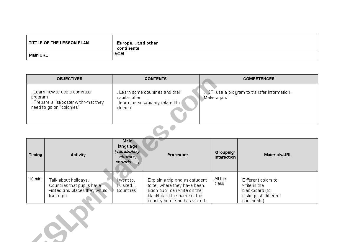 Europe...and other continets worksheet