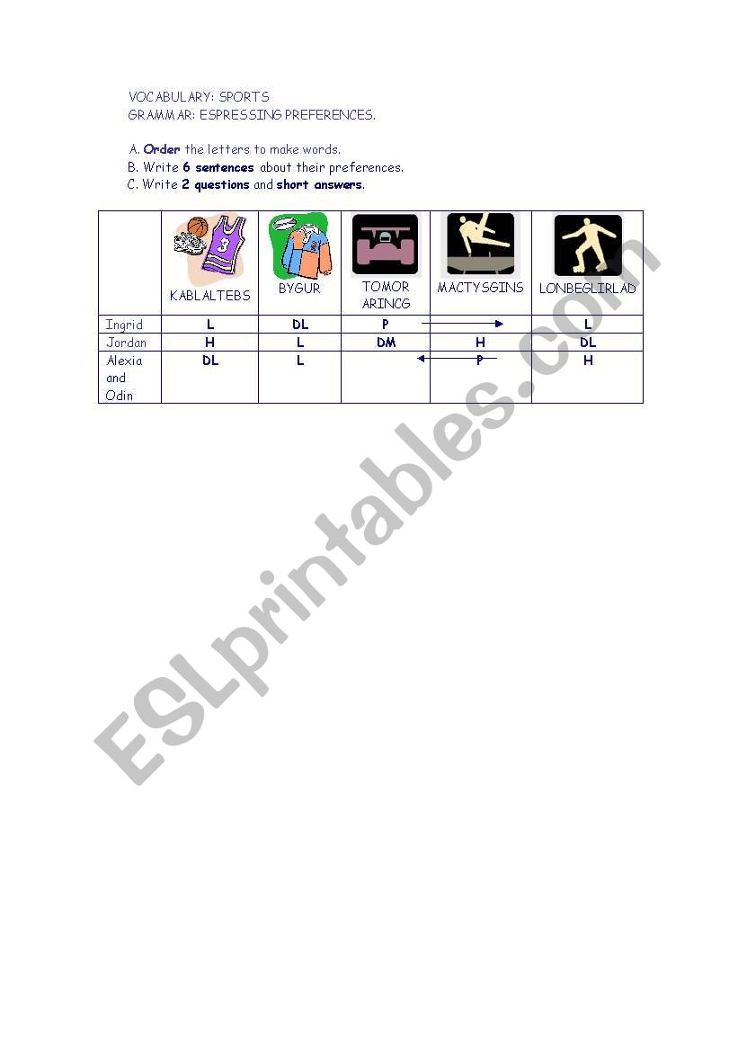 SPORTS PREFERENCES worksheet