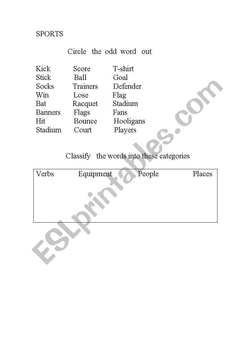 sports vocabulary worksheet