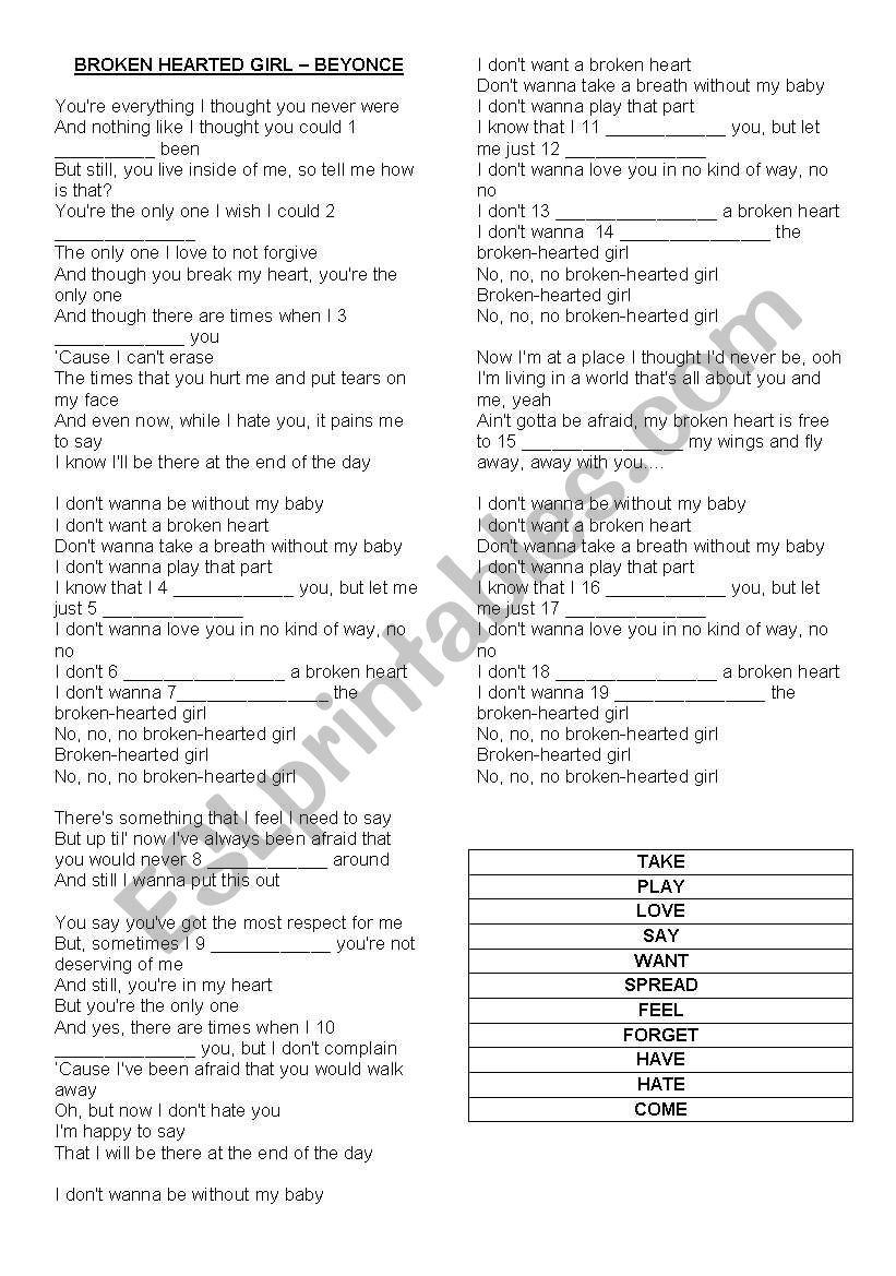 BROKEN HEARTED GIRL - BEYONCE worksheet