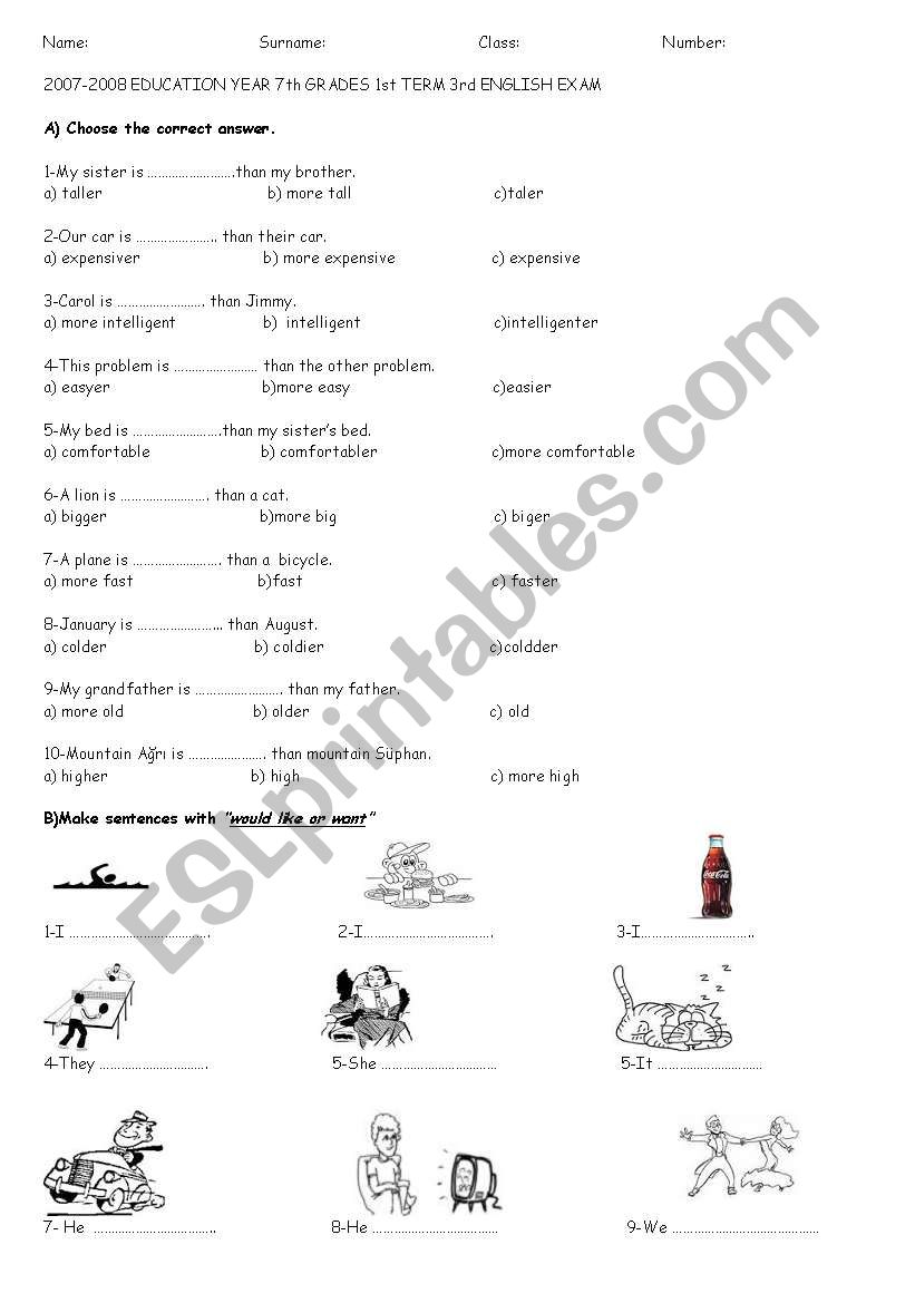 exam for 7th grades worksheet