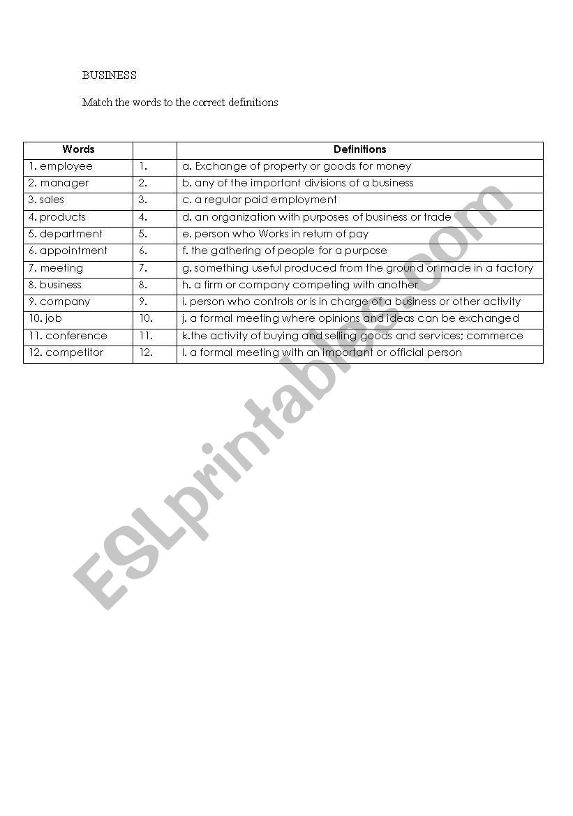 Business Words worksheet