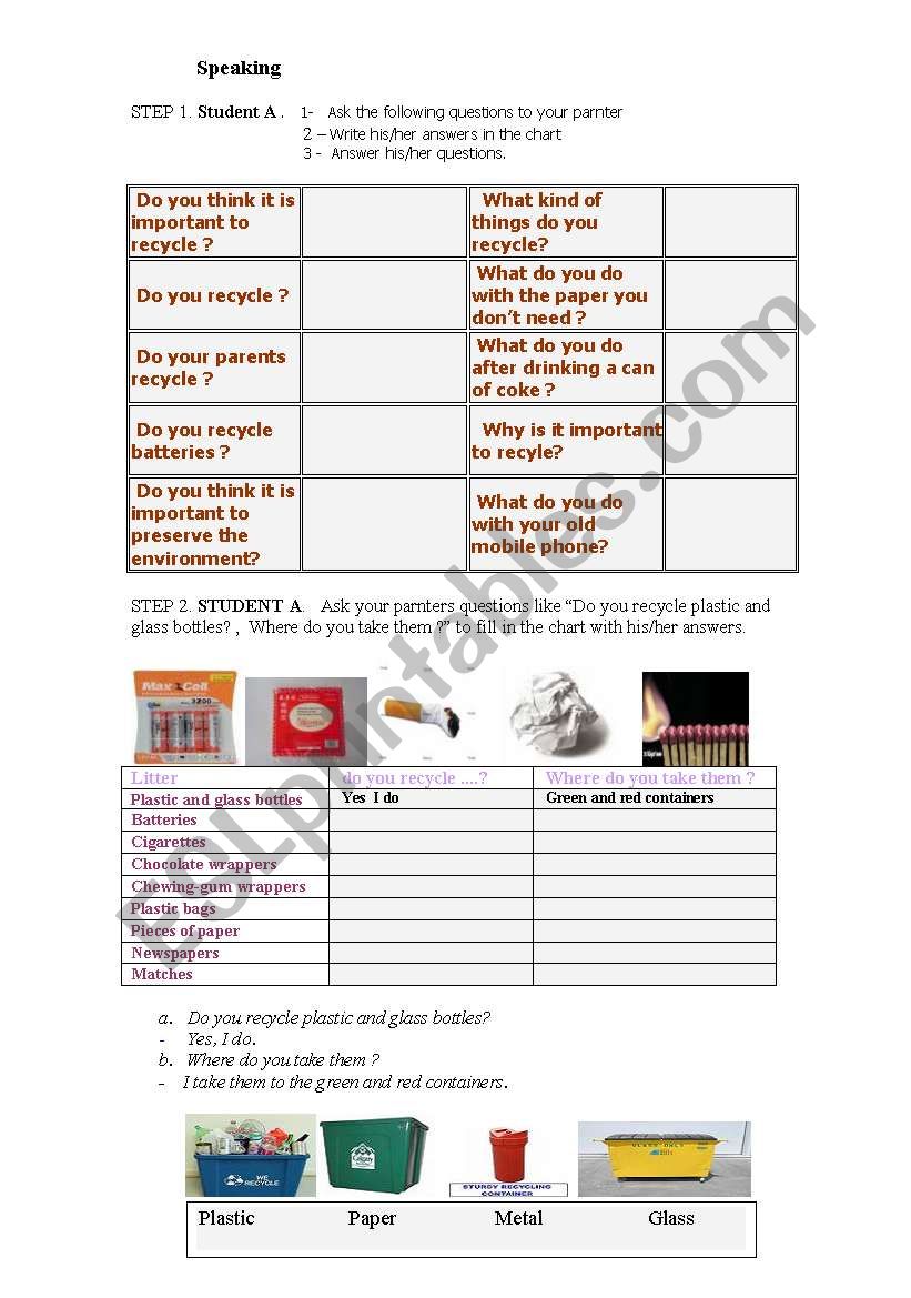 Speaking : Recycling  worksheet