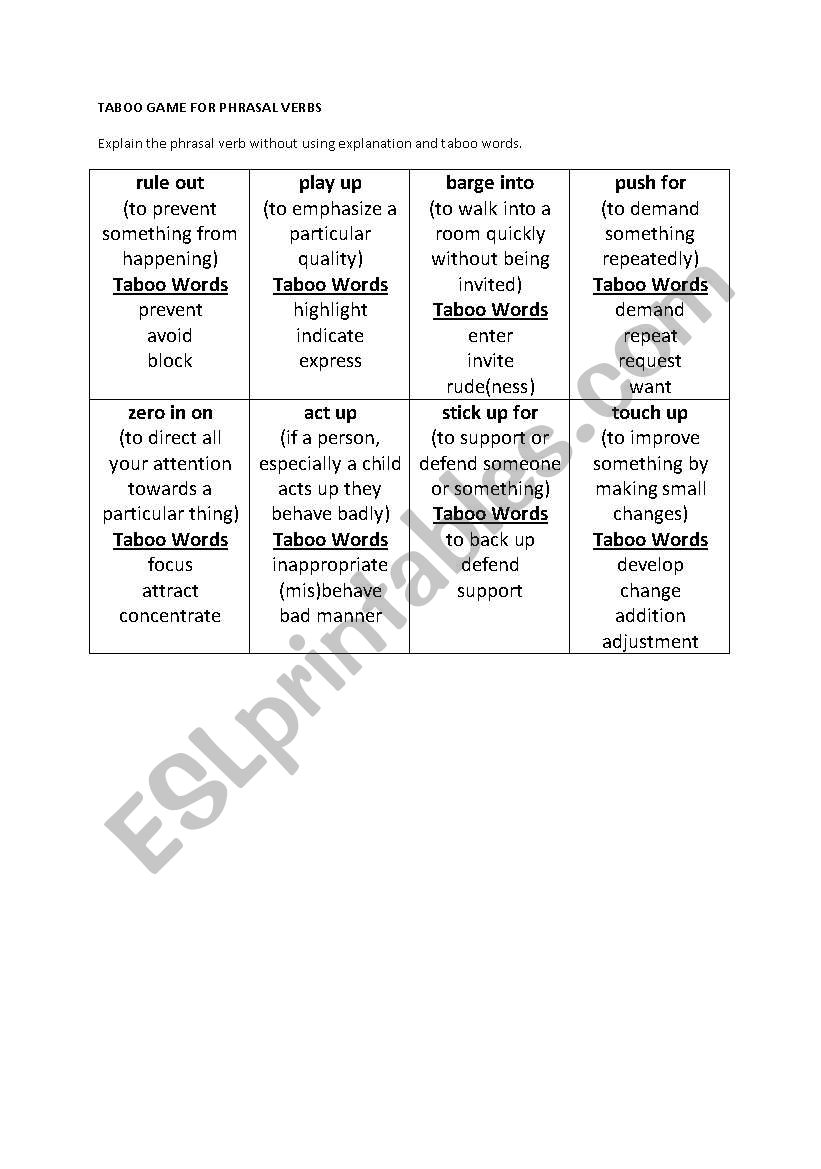 phrasal verbs taboo game worksheet