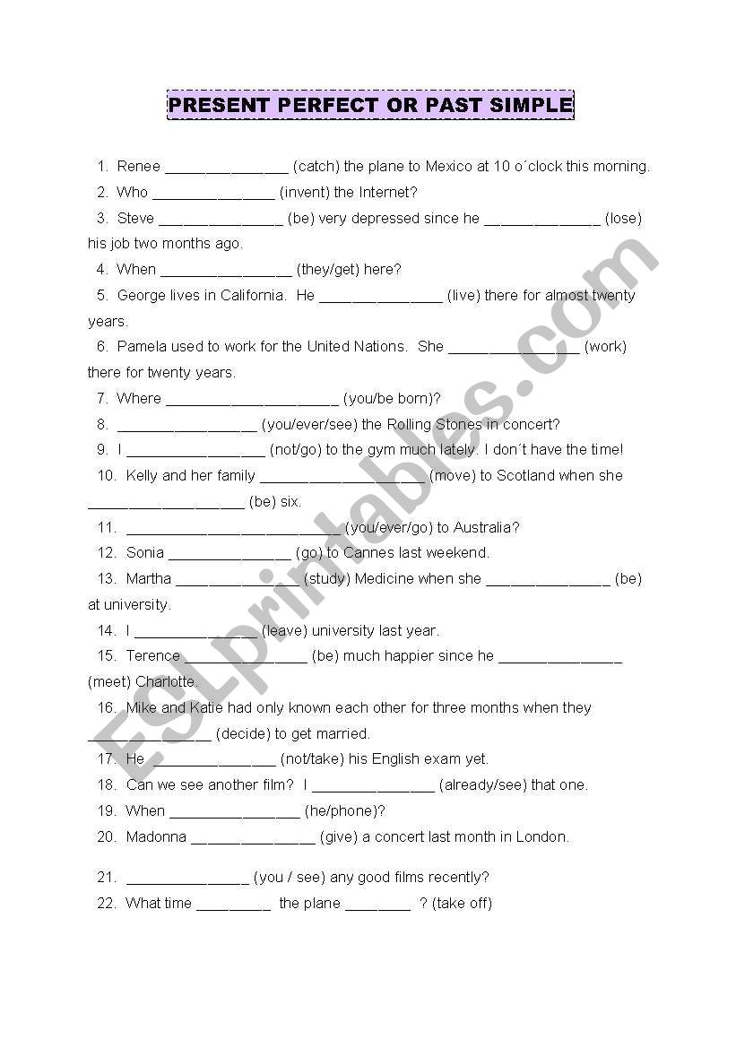 PRESENT PERFECT OR PAST SIMPLE - ESL worksheet by estherita