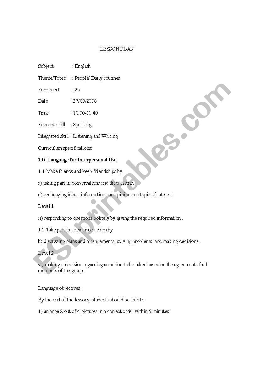 Lesson Plan - intermediate level students
