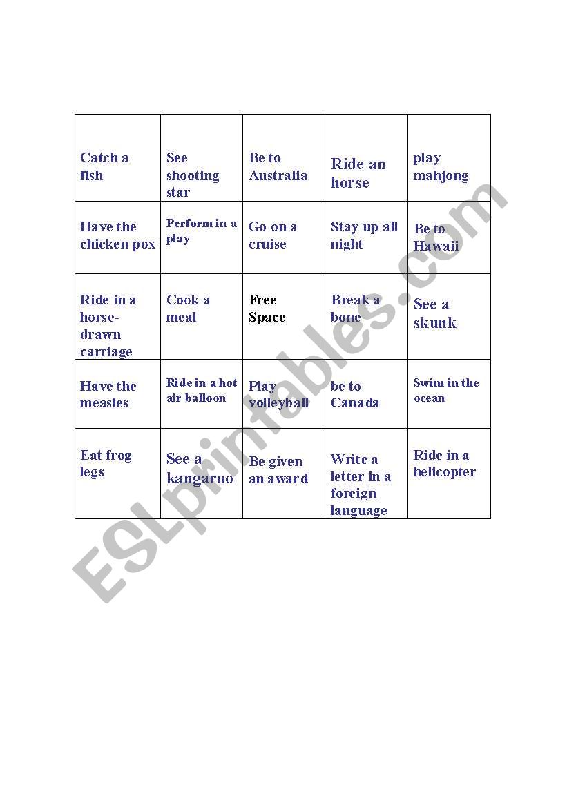 Present Perfect Discussion or  Bingo Board