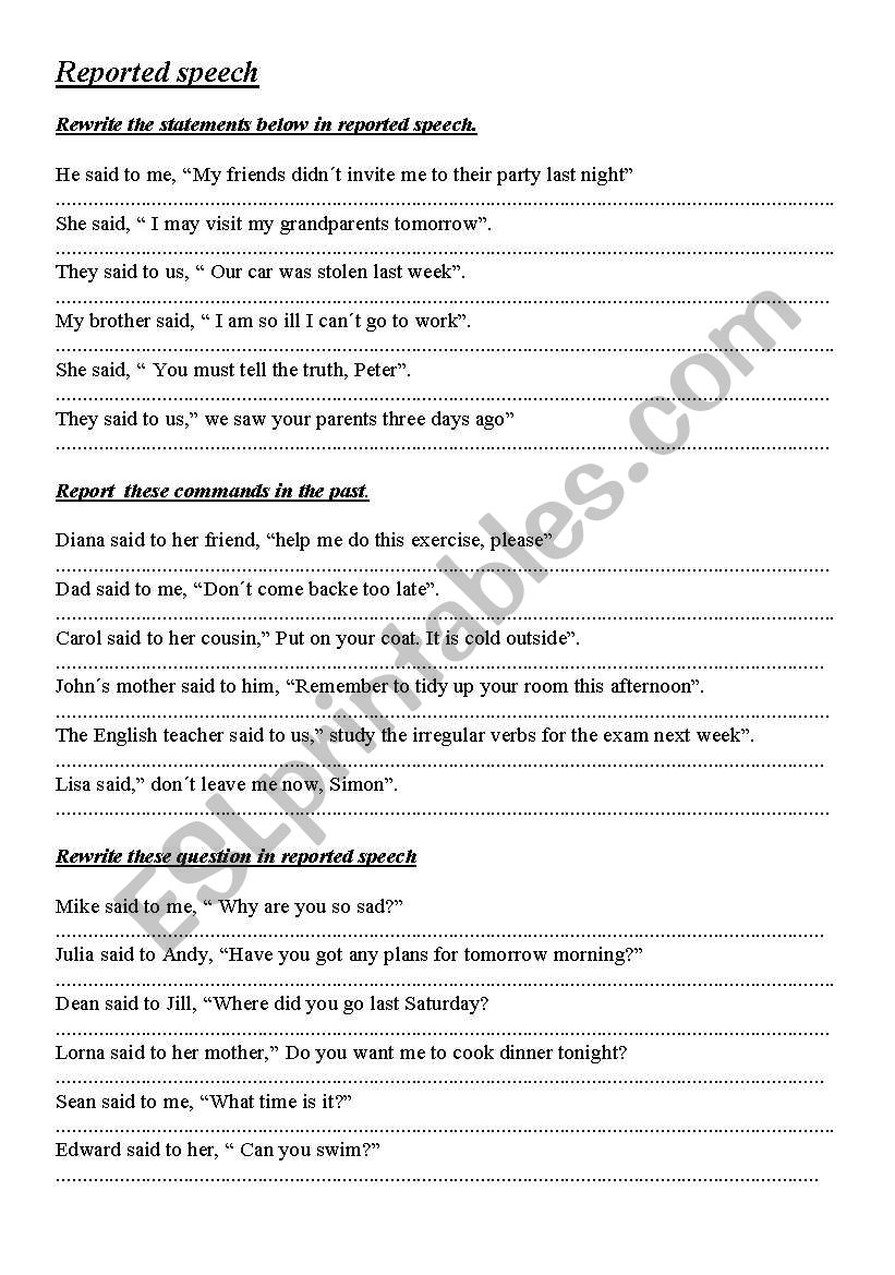 reported speech worksheet