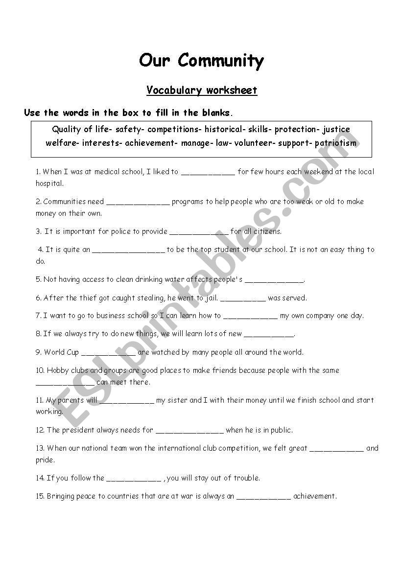 our community worksheet