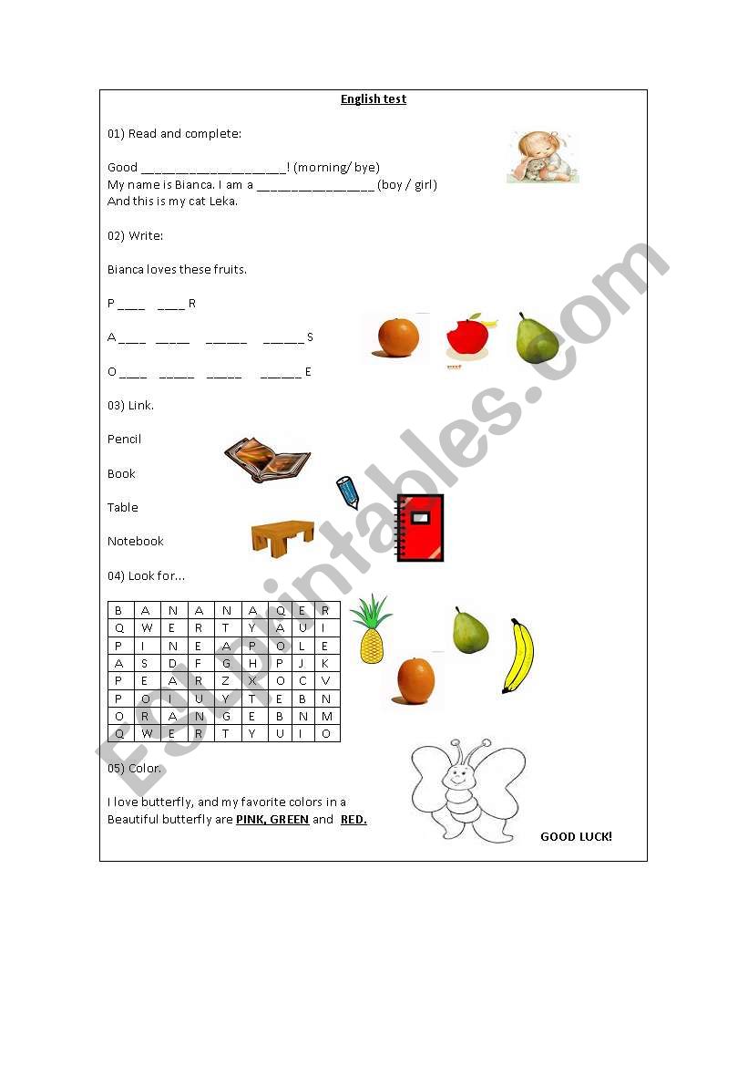 English Test worksheet
