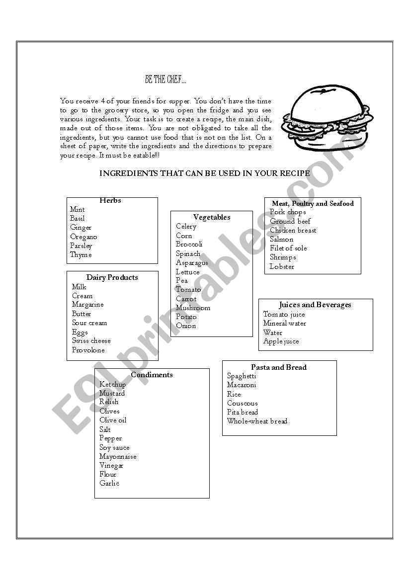Be The Chef worksheet