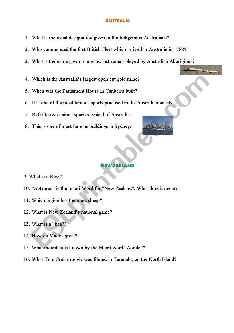 Cultural Quiz - Australia and N. Zealand