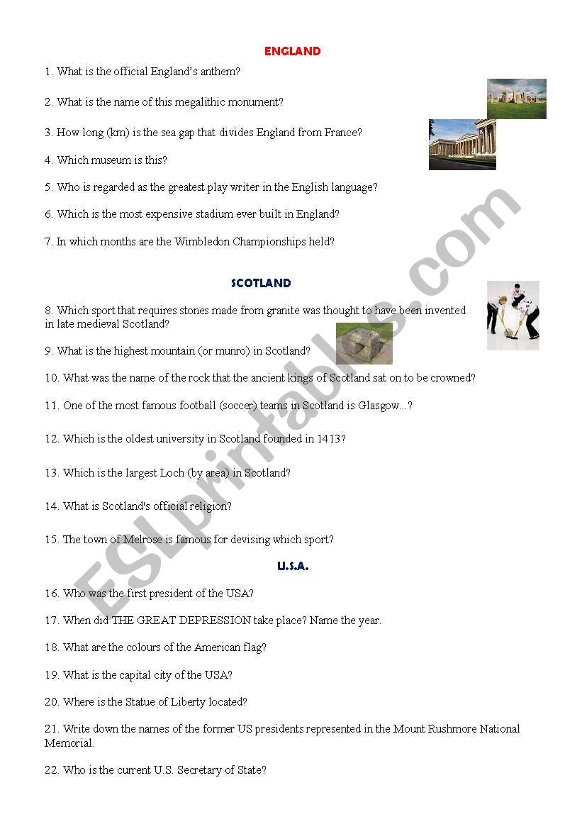 Cultural Quiz - England, Sotland, USA