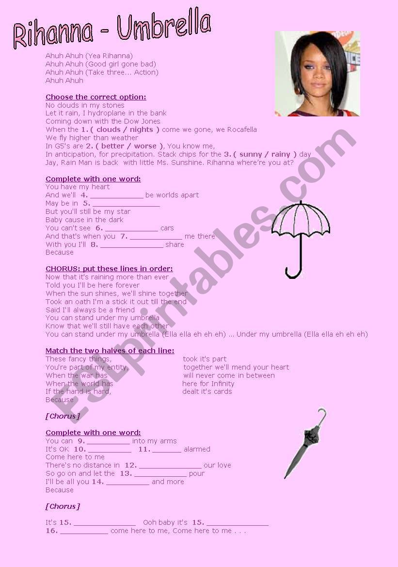 Rihanna Umbrella worksheet